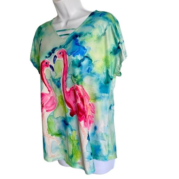 Art & Sol Colorful Flamingo Print Short Sleeve Top Women's Small NEW - Picture 4 of 10